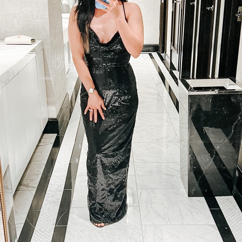 NaaNaa ASOS black cowl neck sequin maxi dress gown